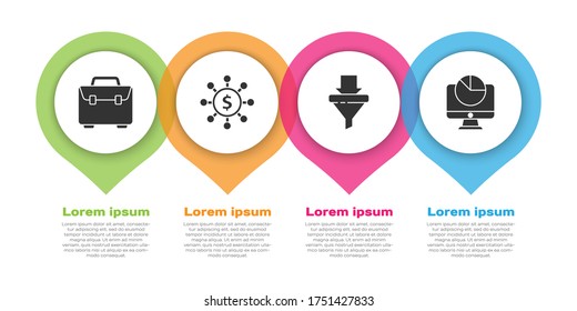 Set Briefcase, Dollar, share, network, Sales funnel with arrows and Computer monitor with graph chart. Business infographic template. Vector