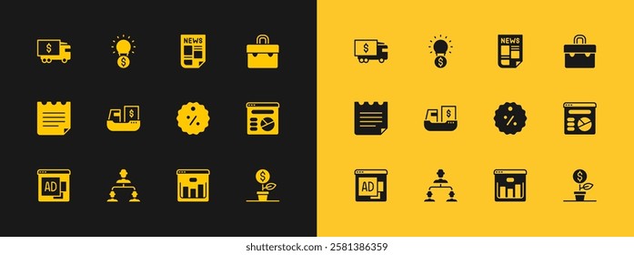 Set Briefcase, Employee hierarchy, Discount percent tag, Browser with stocks market, Cargo ship boxes delivery, News, Armored truck and Light bulb dollar icon. Vector