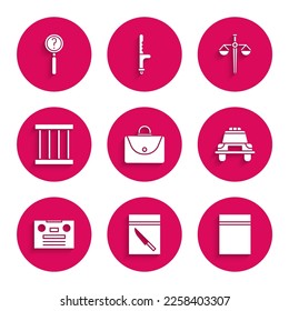 Set Briefcase, Evidence bag and knife, Plastic with ziplock, Police car flasher, Retro audio cassette tape, Prison window, Scales of justice and Magnifying glass search icon. Vector