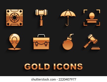 Set Briefcase, Face recognition, Judge gavel, Bomb ready to explode, Map marker with silhouette of person, Umbrella, Safe and  icon. Vector