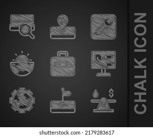 Set Briefcase, Flag, Oil money, Soil analysis, Gear wheels and earth, Earth core structure crust, Wrench spanner and  icon. Vector