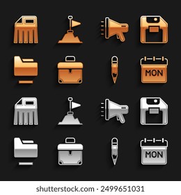 Set Briefcase, Floppy disk, Calendar, Pencil, Document folder, Megaphone, Paper shredder and Mountains with flag top icon. Vector
