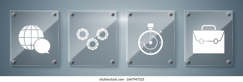 Set Briefcase, Briefcase, Gear and World map made from speech bubble. Square glass panels. Vector