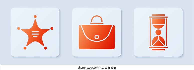 Set Briefcase, Hexagram sheriff and Old hourglass with sand. White square button. Vector