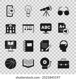 Set Briefcase, Human brain, Exam sheet with A plus grade, Telescope, Pendulum, School building, Graduation cap on mobile and Alphabet icon. Vector
