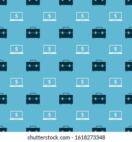Set Briefcase and Laptop with dollar symbol on seamless pattern. Vector