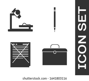 Set Briefcase, Microscope, Exam paper with incorrect answers survey and Pencil with eraser icon. Vector