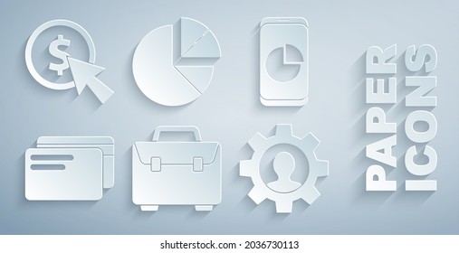 Set Briefcase, Mobile phone with graph chart, Credit card, Human gear inside, Pie infographic and Cursor and coin icon. Vector