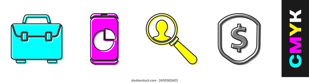 Set Briefcase, Mobile phone with graph chart, Magnifying glass for search a people and Shield with dollar icon. Vector