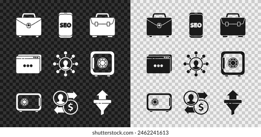 Set Briefcase, Mobile phone SEO optimization, Safe, Job promotion exchange money, Sales funnel with arrows, Website template and Business network and communication icon. Vector