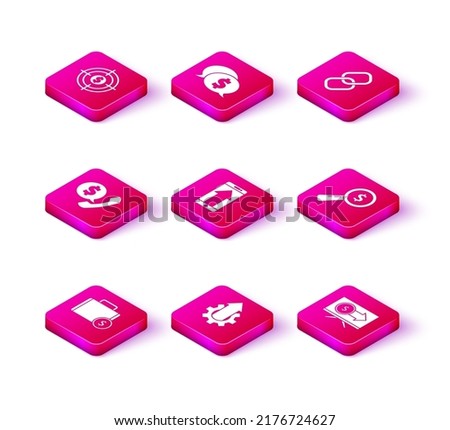 Set Briefcase and money, Arrow growth gear business, Telephone handset speech bubble chat, Smartphone, mobile, Monitor with dollar, Magnifying glass, Chain link and Speech icon. Vector