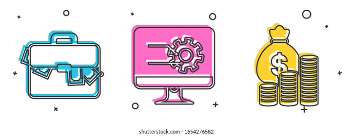 Set Briefcase and money, Computer monitor with graph chart and Money bag and coin icon. Vector