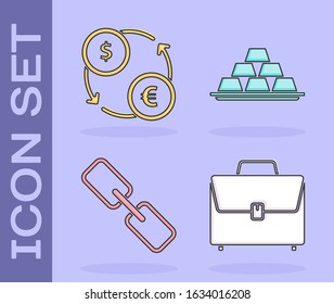 Set Briefcase, Money exchange, Chain link and Gold bars icon. Vector