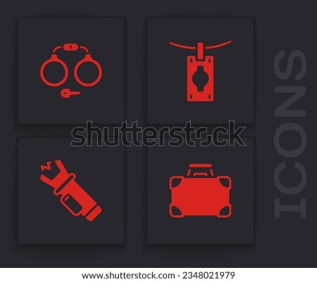 Set Briefcase and money, Handcuffs, Money laundering and Police electric shocker icon. Vector