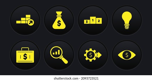 Set Briefcase and money, Light bulb with concept of idea, Magnifying glass analysis, Gear dollar, Business podium, Money bag, Eye and Financial growth icon. Vector