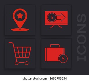 Set Briefcase and money, Map pointer with star, Monitor with dollar and Shopping cart icon. Vector