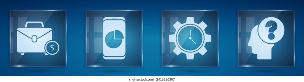 Set Briefcase and money, Mobile phone with graph chart, Time Management and Human head with question mark. Square glass panels. Vector