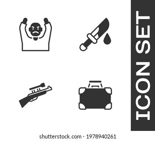 Set Briefcase and money, Thief surrendering hands up, Sniper rifle with scope and Bloody knife icon. Vector