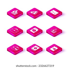 Set Briefcase and money, User manual, Document with graph chart, Clipboard, Money bag diagram, Envelope and Stacks paper cash icon. Vector