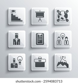Set Briefcase, Mountains with flag, People lamp bulb, Clipboard checklist, Human, Worker, Stair finish and Location on the globe icon. Vector