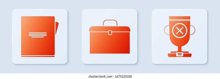 Set Briefcase, Notebook and Award cup. White square button. Vector