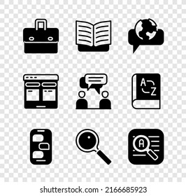 Set Briefcase, Open book, Learning foreign languages, New chat messages notification, Magnifying glass, Translator, Online translator and Two sitting men talking icon. Vector