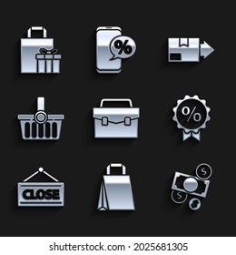 Set Briefcase, Paper shopping bag, Money cash and coin, Discount percent tag, Hanging sign with Closed, Shopping basket, Carton cardboard box and Gift icon. Vector