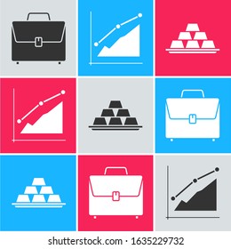 Set Briefcase, Pie chart infographic and Gold bars icon. Vector
