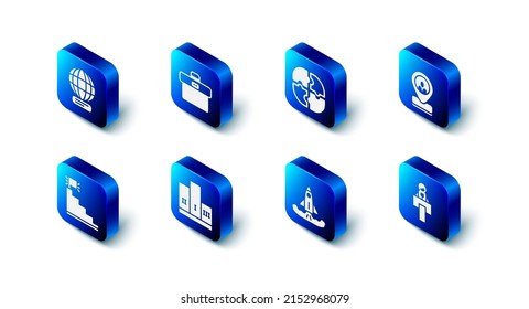 Briefkasten, Puzzleteil, Arbeitsstandort, Stage Tribune, Rocket, Siegerpodion, Treppe mit Zielflagge und weltweites Icon. Vektorgrafik