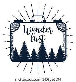 set of briefcase with pines trees to wanderlust landscape