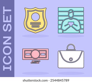 Set Briefcase, Police badge, Stacks paper money cash and Suspect criminal icon. Vector