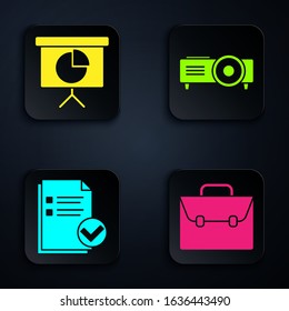 Set Briefcase, Presentation financial board with graph, chart, diagram, infographic, pie graph, Document and check mark and Presentation, movie, film, media projector. Black square button. Vector