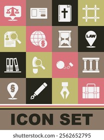 Set Briefcase, Prison window, Location law, Holy bible book, International, Paper analysis magnifying, Scales of justice and Old hourglass icon. Vector