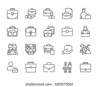 Conjunto de iconos de línea de vectores relacionados con la cartera de documentos. Incluye Iconos como especialistas, empleados, experiencia laboral, proyectos y más.
