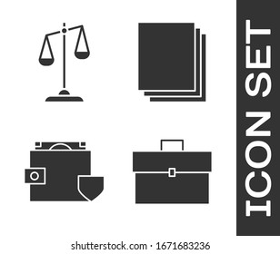Set Briefcase, Scales of justice, Wallet and money with shield and Clean paper icon. Vector