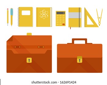 Set of briefcase and school supplies flat design