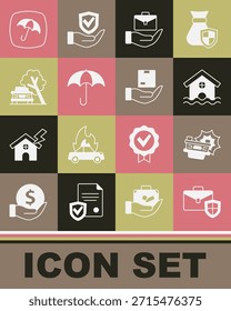 Set Briefcase with shield, Car accident, House flood, Hand holding briefcase, Umbrella, damaged by fallen tree,  and Delivery insurance icon. Vector