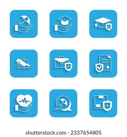 Set Briefcase with shield, Umbrella, Delivery security, Contract, Life insurance, Flood car, Graduation cap and hand icon. Vector