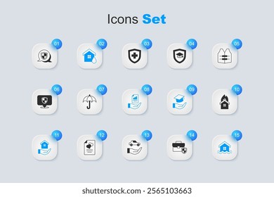Set Briefcase with shield, Umbrella, House flood, in hand, Fire burning house, Shield and Contract icon. Vector