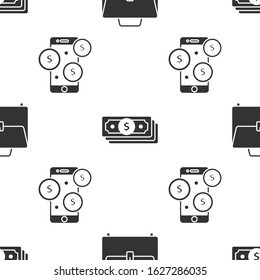Set Briefcase, Stacks paper money cash and Smartphone with dollar symbol on seamless pattern. Vector