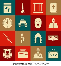 Briefkasten, Papiergeld-Stacks, Anonym für Fragezeichen, Gefängnisfenster, Polizeiauto und -flasher, Uhr, Beweistaschen-Kugel-Icon und Dieb-Maske. Vektorgrafik