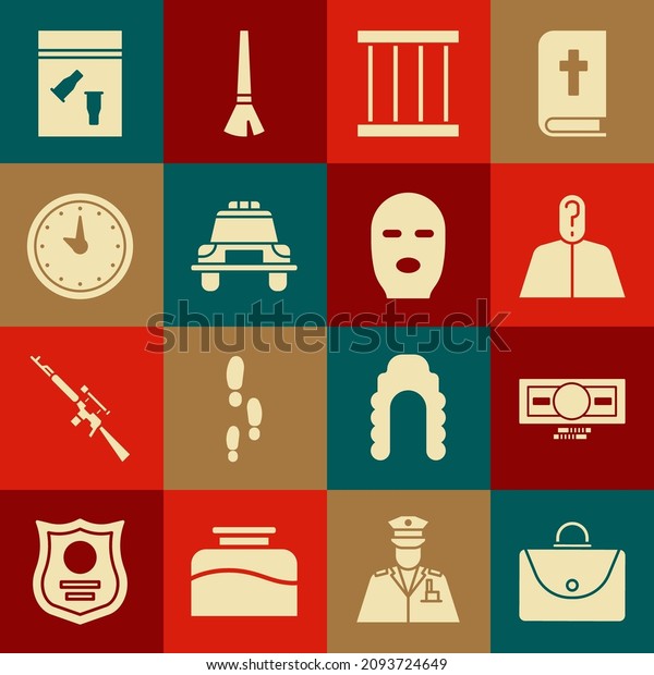 Set Briefcase, Stacks paper\
money cash, Anonymous with question mark, Prison window, Police car\
and flasher, Clock, Evidence bag bullet and Thief mask icon.\
Vector