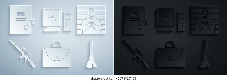 Set Briefcase, Suspect criminal, Sniper rifle with scope, Paint brush, Search on computer screen and Lawsuit paper icon. Vector