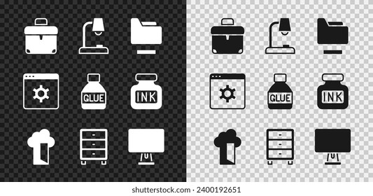 Set Briefcase, Table lamp, Document folder, Cloud database, Archive papers drawer, Computer monitor, Browser setting and Glue icon. Vector