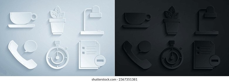 Set Briefcase, Table lamp, Telephone handset and speech bubble chat, Document with minus, Flowers pot and Coffee cup flat icon. Vector