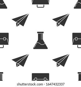 Set Briefcase, Test tube and flask chemical laboratory and Paper airplane on seamless pattern. Vector