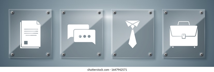 Set Briefcase, Tie, Speech bubble chat and File document. Square glass panels. Vector