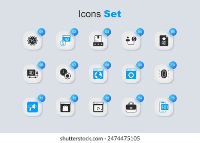 Set Briefcase, Time management, Advertising, Megaphone, Diamond, Discount percent tag and Worldwide icon. Vector