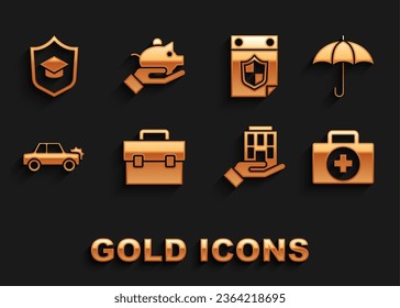 Set Briefcase, Umbrella, First aid kit, House in hand, Car, Calendar with shield, Graduation cap and Piggy bank icon. Vector