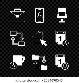 Set Briefcase, Video chat conference, Office chair, Time management, Cloud storage document folder, Online working and  icon. Vector